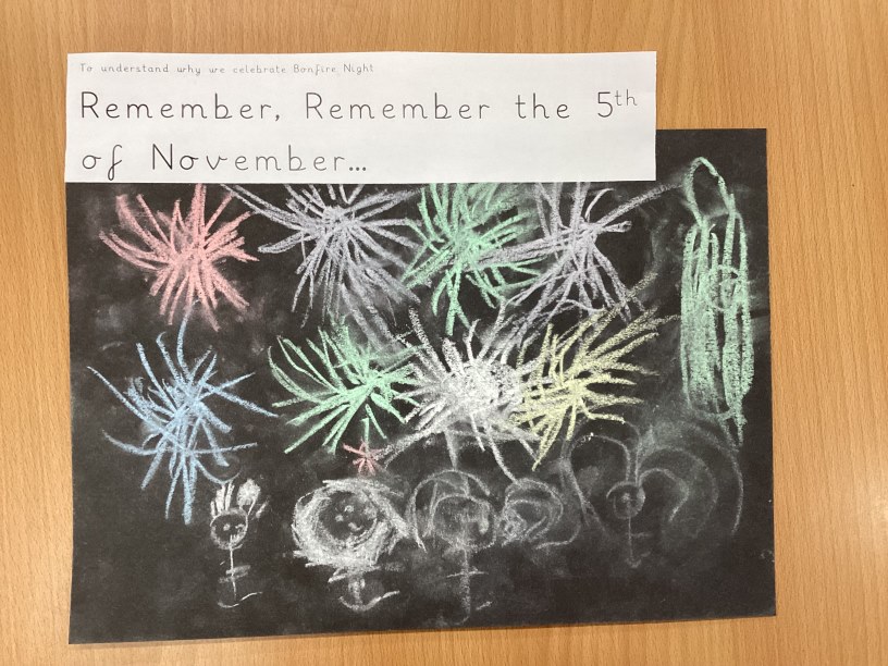 A child's chalk drawing of fireworks for the 5th of November