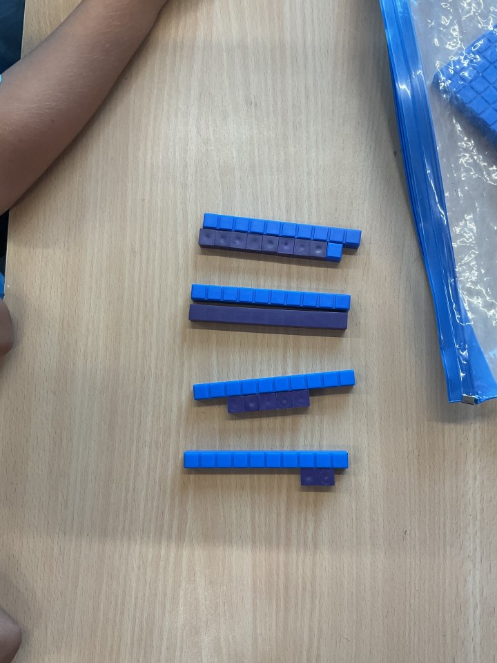 Year 2 math work using unit squares and ten sticks