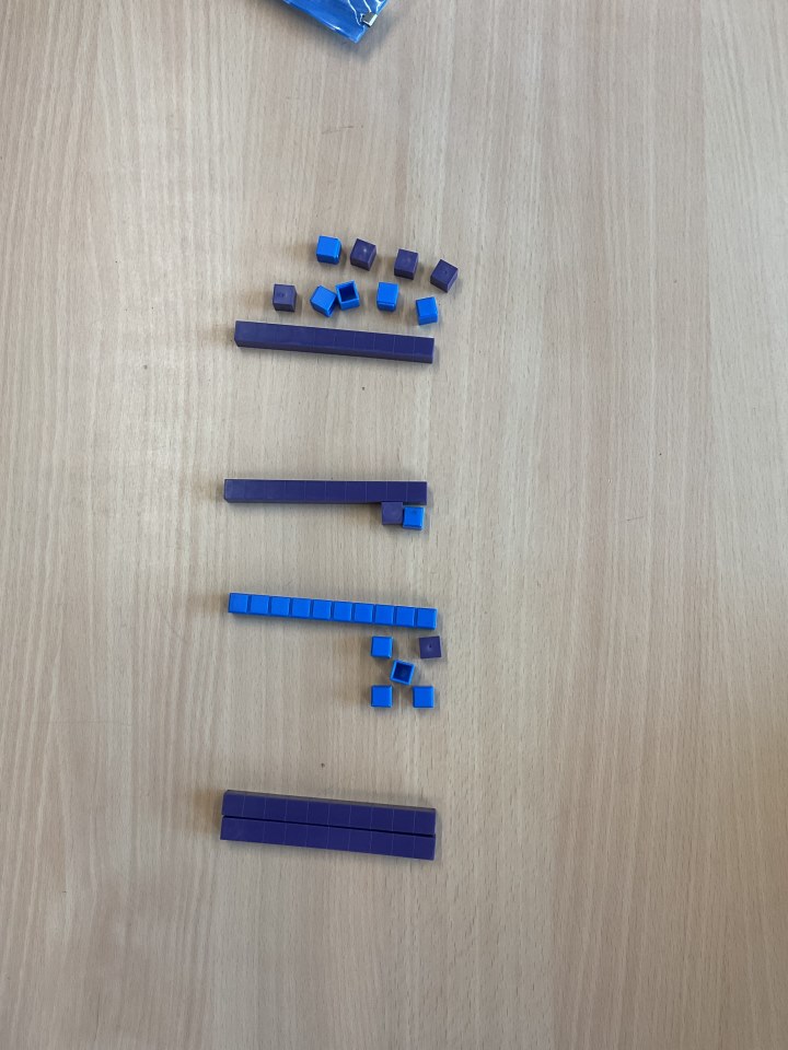 Year 2 math work using unit squares and ten sticks