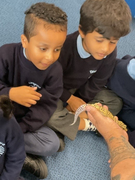 Nursery children petting a gecko being held by keeper
