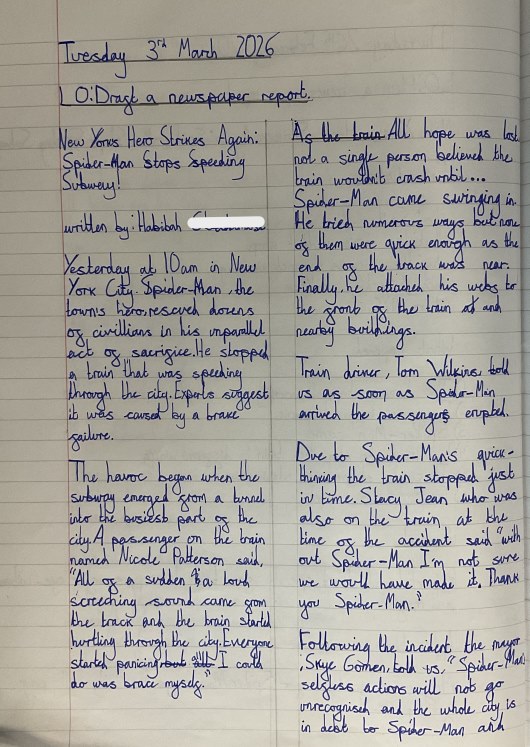 Year 6 handwriting on a newspaper reports