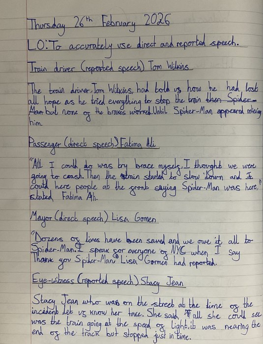 Year 6 handwriting on a newspaper reports