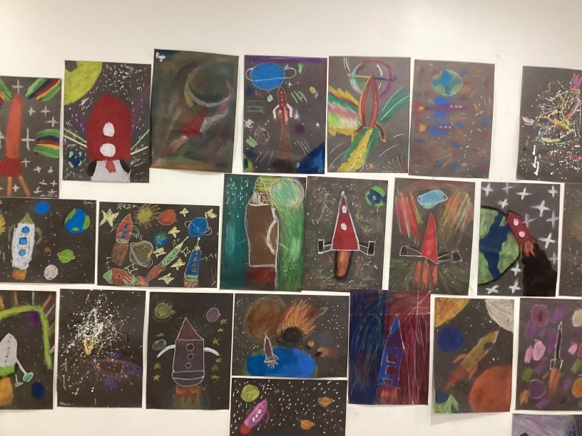 Year 5 art work of rocket ships