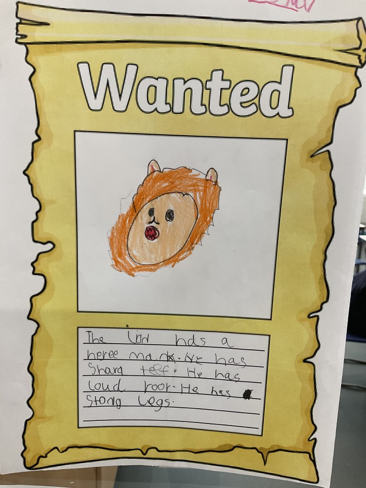 Year 1 Wanted poster of 'Little Red and the Very Hungry Lion'