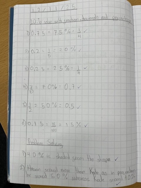 Some year 6 maths work on decimals and percentages
